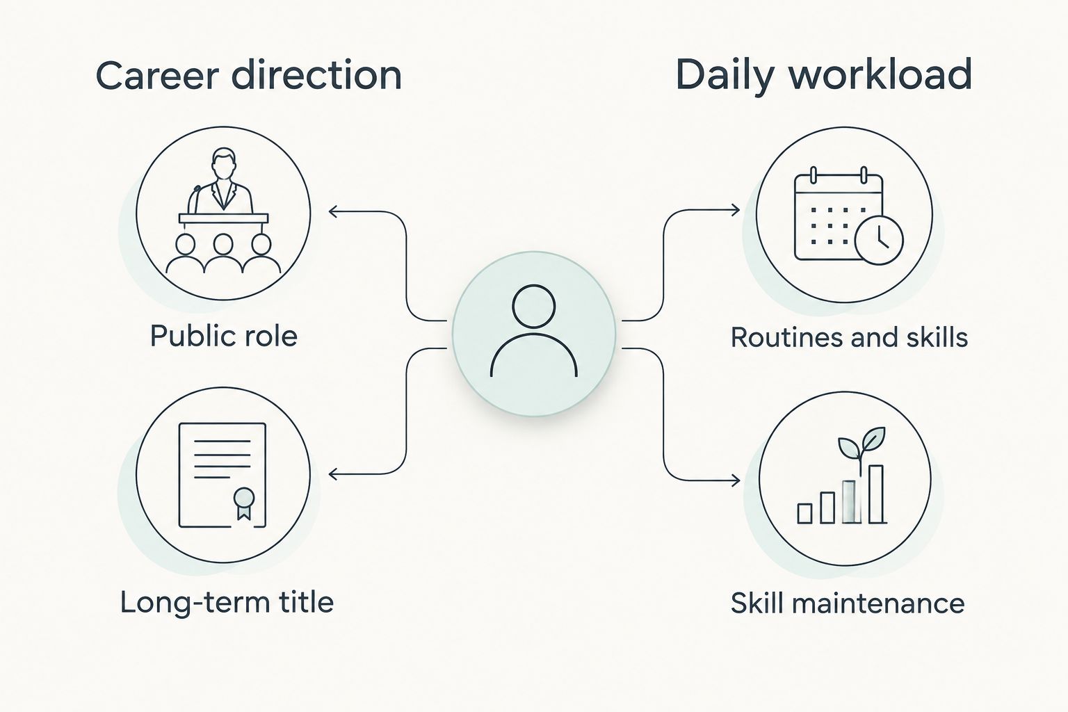 Two-column diagram comparing career direction against daily workload